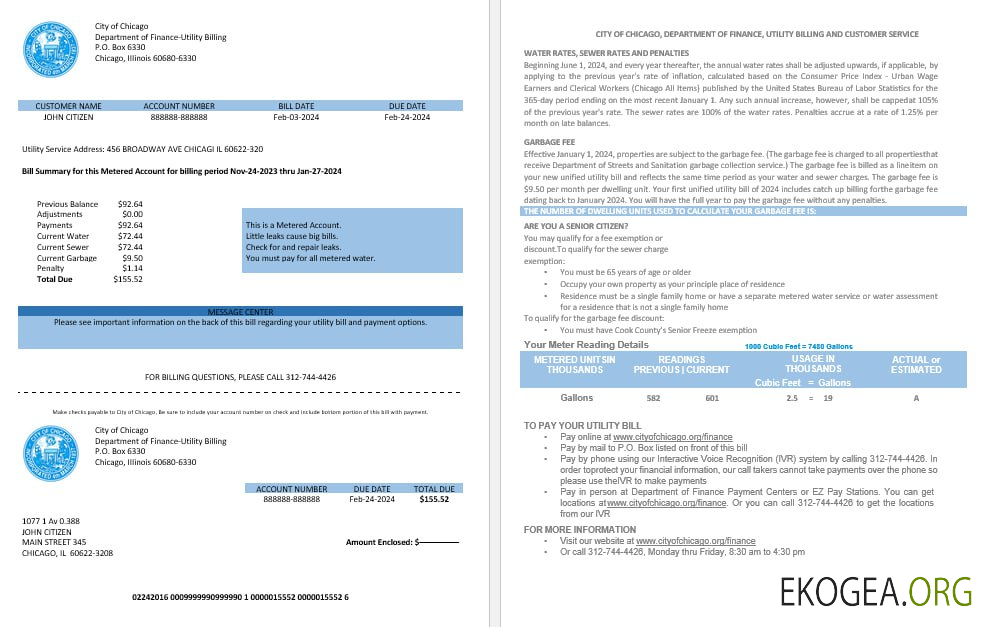USA City of Chicago department of finance utility bill statement in Word and PDF formats